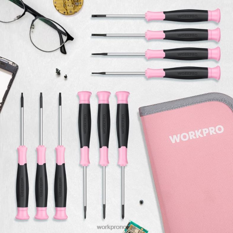 WORKPRO 10 stk presisjonsskrutrekkersett med veske, phillips, slisset, torx-stjerne, magnetisk spiss reparasjonssett for liten skrutrekker rosa verktøy 622PZ255