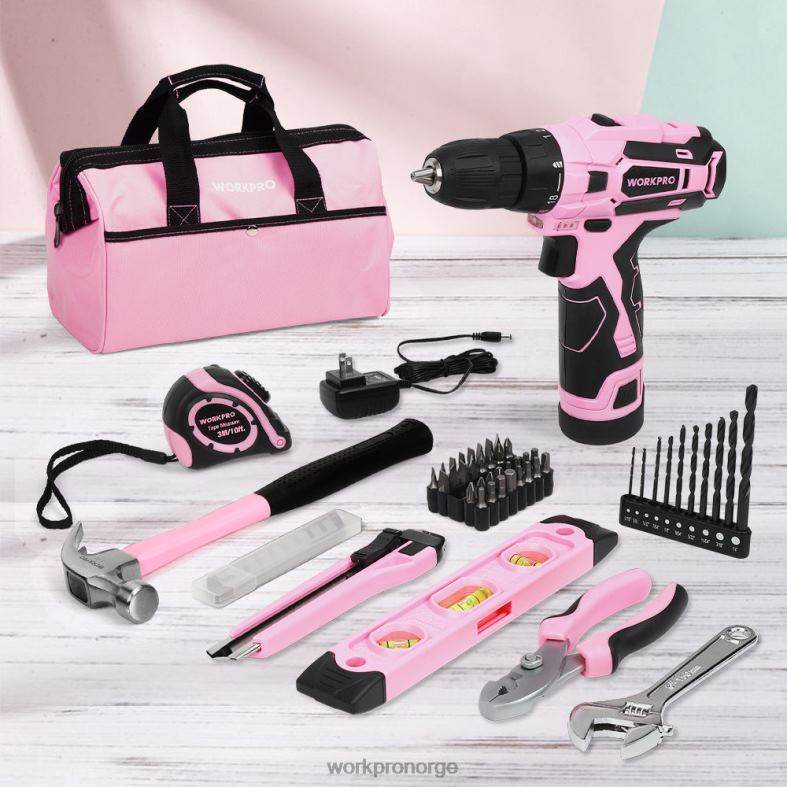 WORKPRO 12V batteridrevet drill og hjemmeverktøysett med 14-tommers oppbevaringspose rosa verktøy 622PZ258