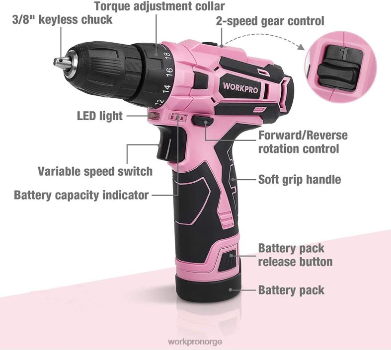 WORKPRO 12V batteridrevet drill og hjemmeverktøysett med 14-tommers oppbevaringspose rosa verktøy 622PZ258