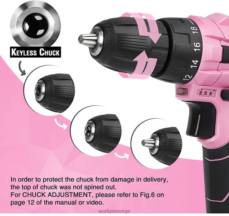 WORKPRO 12V batteridrevet drill og hjemmeverktøysett med 14-tommers oppbevaringspose rosa verktøy 622PZ258