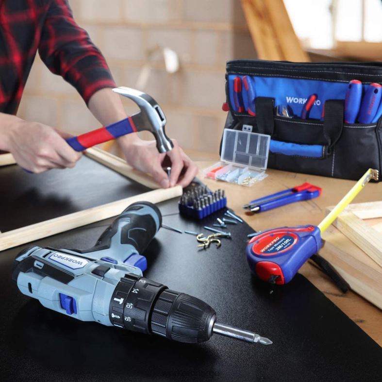 WORKPRO 12v batteridrevet drill og hjemmeverktøysett, 177 stk kombisett med verktøypose nyttig verktøy 622PZ171