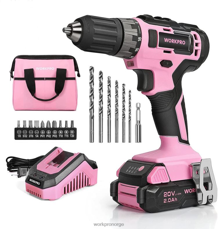 WORKPRO 20v batteridrevet boremaskinsett med hurtiglader og 11-tommers oppbevaringspose inkludert rosa verktøy 622PZ261