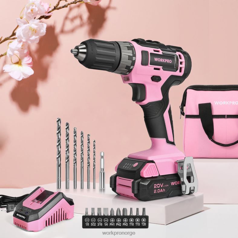 WORKPRO 20v batteridrevet boremaskinsett med hurtiglader og 11-tommers oppbevaringspose inkludert rosa verktøy 622PZ261