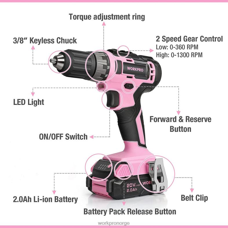 WORKPRO 20v batteridrevet boremaskinsett med hurtiglader og 11-tommers oppbevaringspose inkludert rosa verktøy 622PZ261