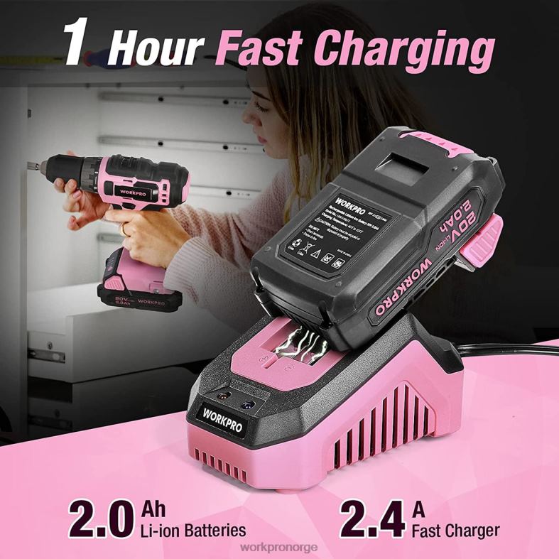 WORKPRO 20v batteridrevet boremaskinsett med hurtiglader og 11-tommers oppbevaringspose inkludert rosa verktøy 622PZ261