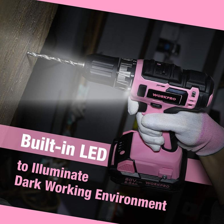 WORKPRO 20v batteridrevet boremaskinsett med hurtiglader og 11-tommers oppbevaringspose inkludert rosa verktøy 622PZ261