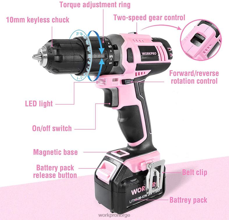 WORKPRO batteridrevet 20v litium-ion bordriversett rosa verktøy 622PZ262