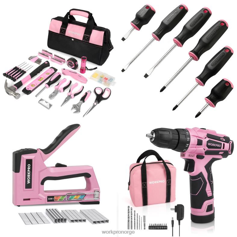 WORKPRO 106 stk verktøysett & 6 stk magnetiske skrutrekkere & 12v batteridrevet boremaskinsett & 6-i-1 stiftepistol rosa verktøy 622PZ312