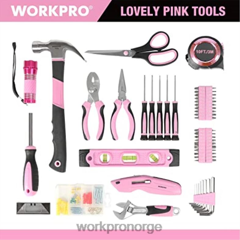 WORKPRO 106 stk verktøysett & 6 stk magnetiske skrutrekkere & 12v batteridrevet boremaskinsett & 6-i-1 stiftepistol rosa verktøy 622PZ312