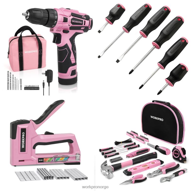 WORKPRO 12V batteridrevet boremaskinsett & 103 stk verktøysett & 8 stk magnetiske skrutrekkersett & 6-i-1 stiftepistol rosa verktøy 622PZ315