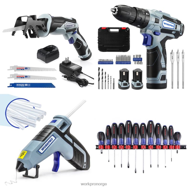 WORKPRO 12V batteridrevet frem- og tilbakegående sag & 12V batteridrevet boremaskinsett og 12 stk magnetiske skrutrekkersett og trådløs limpistol nyttig verktøy 622PZ321