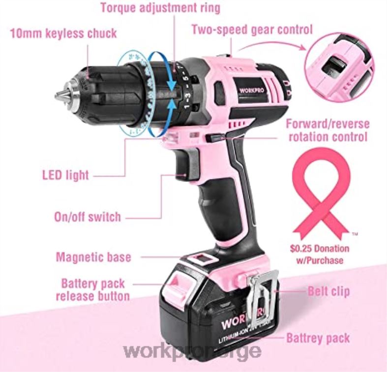 WORKPRO 20V batteridrevet boremaskinsett og 6-delt minitang og 10-delt verktøysett og trådløs limpistol rosa verktøy 622PZ316
