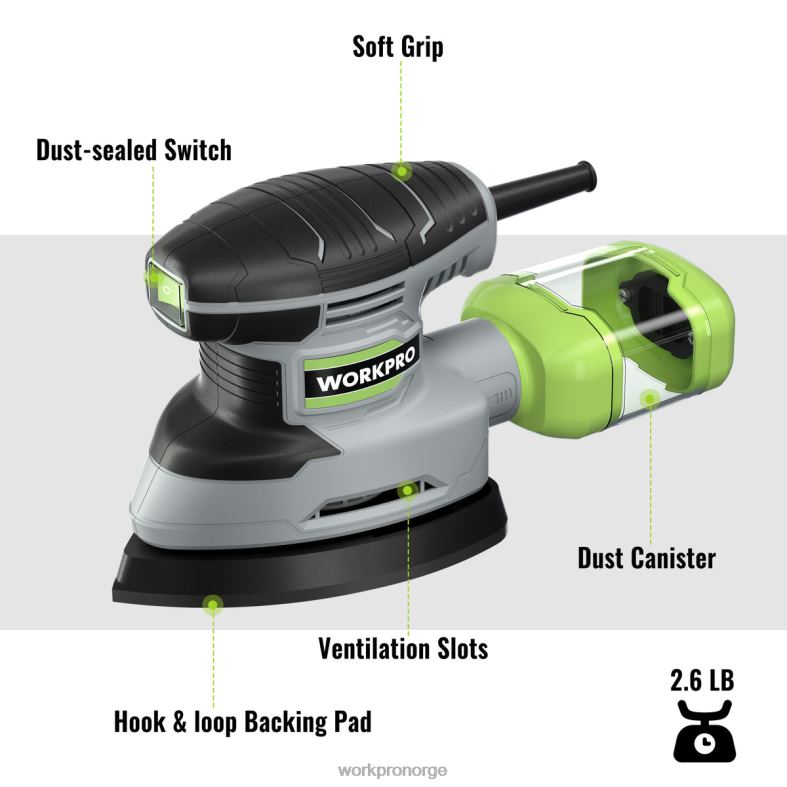 WORKPRO 1,6 amp detaljsliper, 13000 opm kompakt elektrisk slipemaskin med støvsamler hjelpsom verktøy 622PZ239