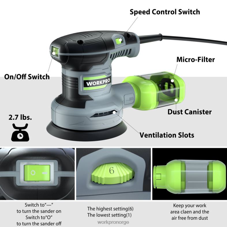 WORKPRO 2,5 amp elektrisk 5-tommers slipemaskin med tilfeldig bane, 6 variable hastigheter 7000 til 14000 rpm nyttig verktøy 622PZ233
