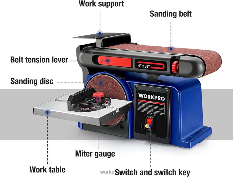 WORKPRO båndskivesliper, 4\" x 36\" bånd- og 6-tommers skivesliper med 6 stk sandpapir, støpejernsbunn for sliping av trebearbeiding nyttig verktøy 622PZ235
