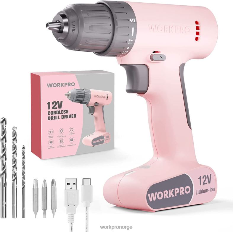 WORKPRO 12V batteridrevet boremaskinsett med 6 bits, 3/8-tommers nøkkelfri chuck, variabel hastighet, 18 touque-innstilling rosa/hvit verktøy 622PZ175