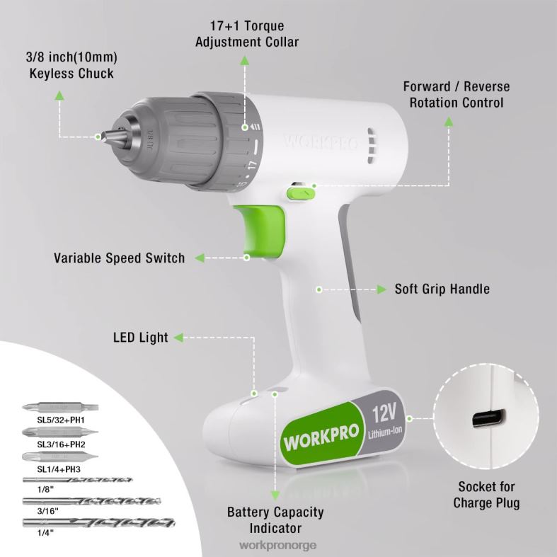 WORKPRO 12V batteridrevet boremaskinsett med 6 bits, 3/8-tommers nøkkelfri chuck, variabel hastighet, 18 touque-innstilling rosa/hvit verktøy 622PZ175