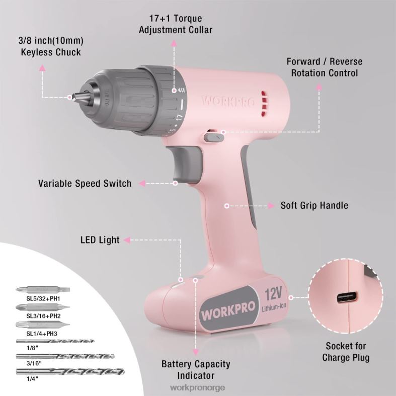 WORKPRO 12V batteridrevet boremaskinsett med 6 bits, 3/8-tommers nøkkelfri chuck, variabel hastighet, 18 touque-innstilling rosa/hvit verktøy 622PZ175