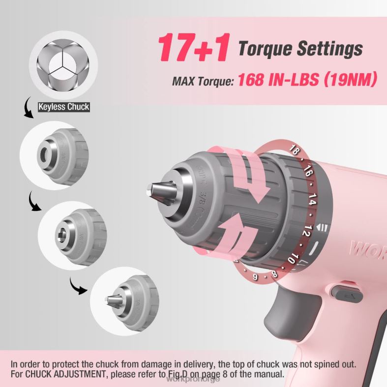 WORKPRO 12V batteridrevet boremaskinsett med 6 bits, 3/8-tommers nøkkelfri chuck, variabel hastighet, 18 touque-innstilling rosa/hvit verktøy 622PZ175