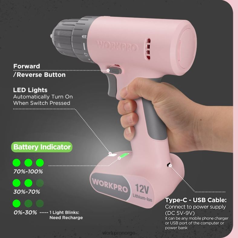 WORKPRO 12V batteridrevet boremaskinsett med 6 bits, 3/8-tommers nøkkelfri chuck, variabel hastighet, 18 touque-innstilling rosa/hvit verktøy 622PZ175