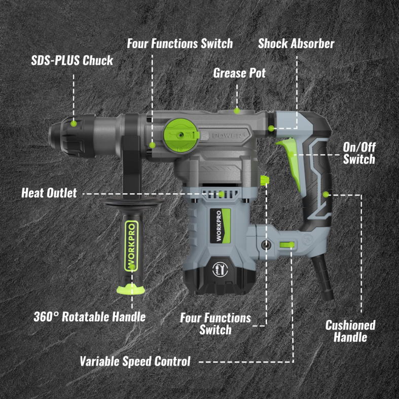 WORKPRO 12,5 amp 1-1/4 tommer premium sds-plus borhammer, kraftig versjon med ledning hjelpsom verktøy 622PZ179