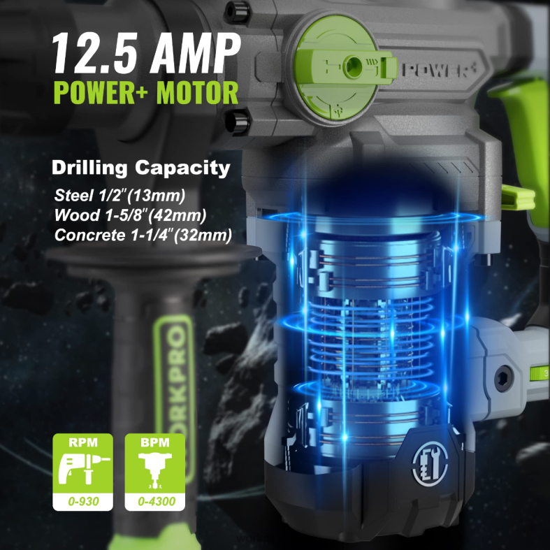 WORKPRO 12,5 amp 1-1/4 tommer premium sds-plus borhammer, kraftig versjon med ledning hjelpsom verktøy 622PZ179