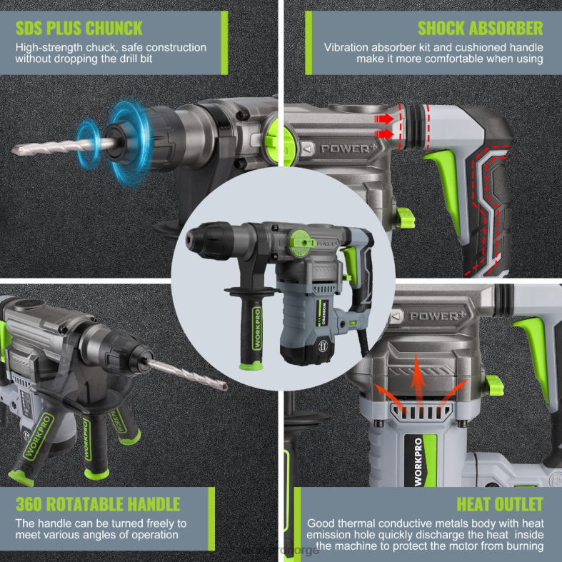 WORKPRO 12,5 amp 1-1/4 tommer premium sds-plus borhammer, kraftig versjon med ledning hjelpsom verktøy 622PZ179