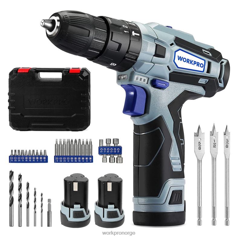 WORKPRO 12v 2-trinns batteridrevet boremaskinsett, 2 li-ion-batterier 2000 mah og hurtiglader morden verktøy 622PZ168
