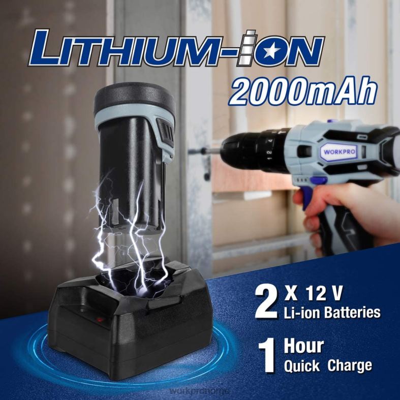 WORKPRO 12v 2-trinns batteridrevet boremaskinsett, 2 li-ion-batterier 2000 mah og hurtiglader morden verktøy 622PZ168