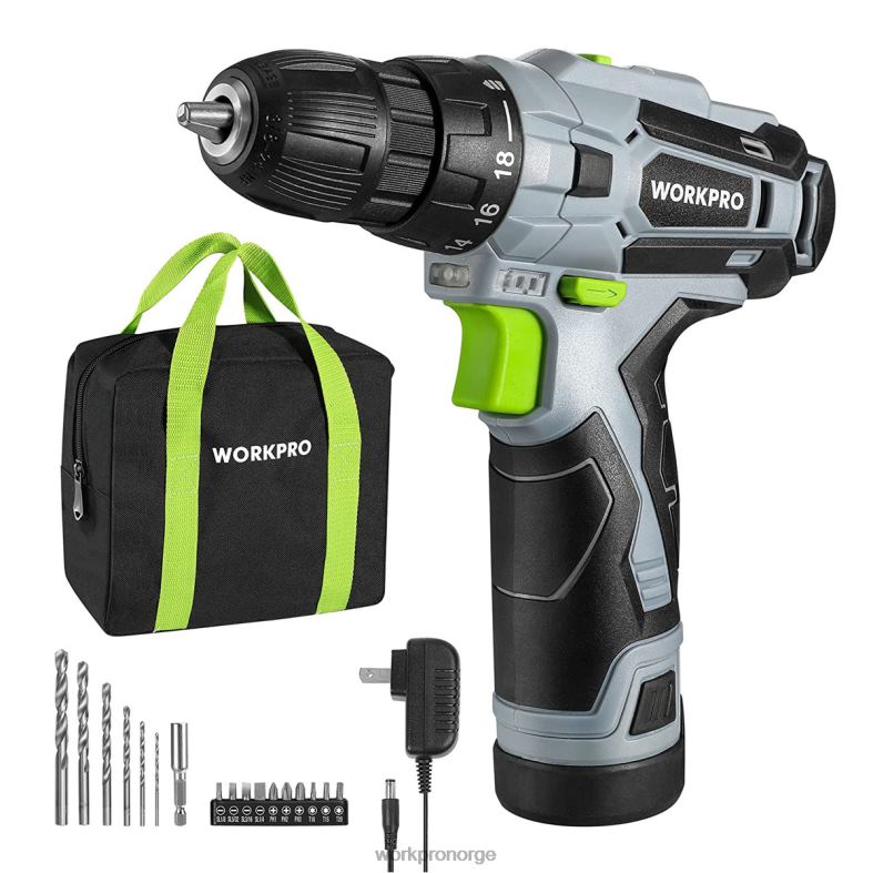 WORKPRO 12v elektrisk trådløs boremaskinsett nøkkelfri chuck, lader og oppbevaringspose inkludert grønn verktøy 622PZ177
