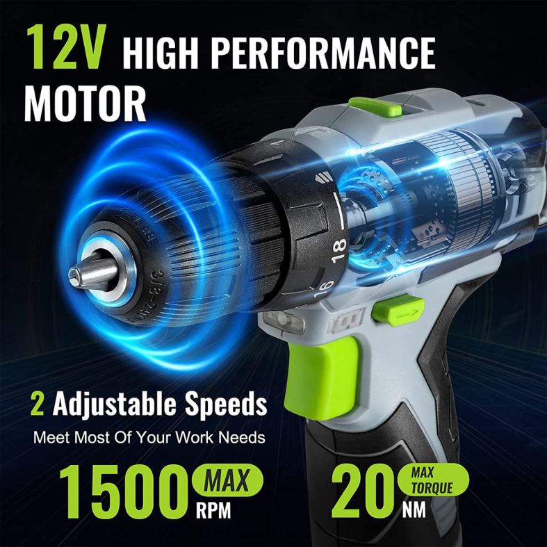 WORKPRO 12v elektrisk trådløs boremaskinsett nøkkelfri chuck, lader og oppbevaringspose inkludert grønn verktøy 622PZ177