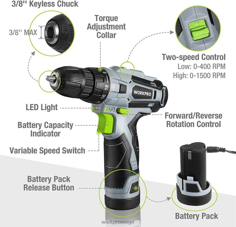 WORKPRO 12v elektrisk trådløs boremaskinsett nøkkelfri chuck, lader og oppbevaringspose inkludert grønn verktøy 622PZ177