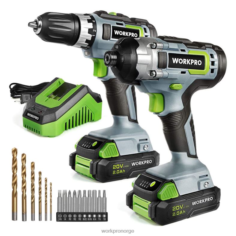 WORKPRO 20V trådløs drill combo kit, boremaskin og slagdriver med 2x 2.0ah batterier og 1 times hurtiglader hjelpsom verktøy 622PZ169