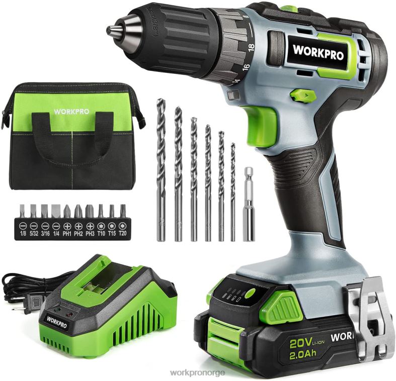 WORKPRO 20v batteridrevet boremaskinsett, 2,0 ah li-ion-batteri, 1 times hurtiglader og 11-tommers oppbevaringspose inkludert grønn verktøy 622PZ176
