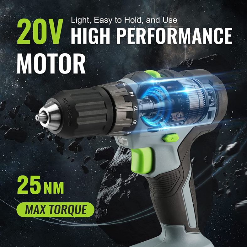 WORKPRO 20v batteridrevet boremaskinsett, 2,0 ah li-ion-batteri, 1 times hurtiglader og 11-tommers oppbevaringspose inkludert grønn verktøy 622PZ176