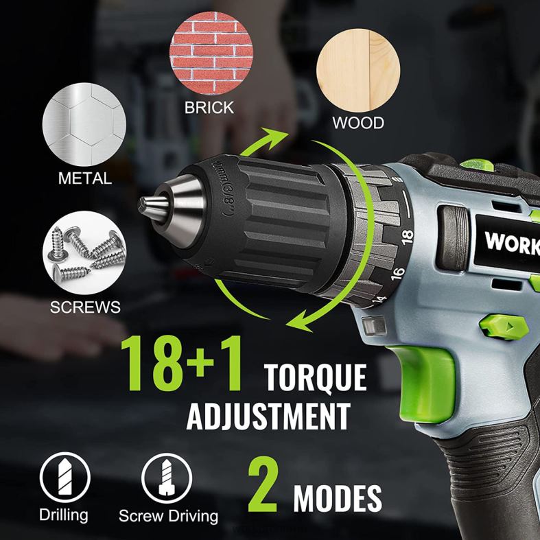 WORKPRO 20v batteridrevet boremaskinsett, 2,0 ah li-ion-batteri, 1 times hurtiglader og 11-tommers oppbevaringspose inkludert grønn verktøy 622PZ176