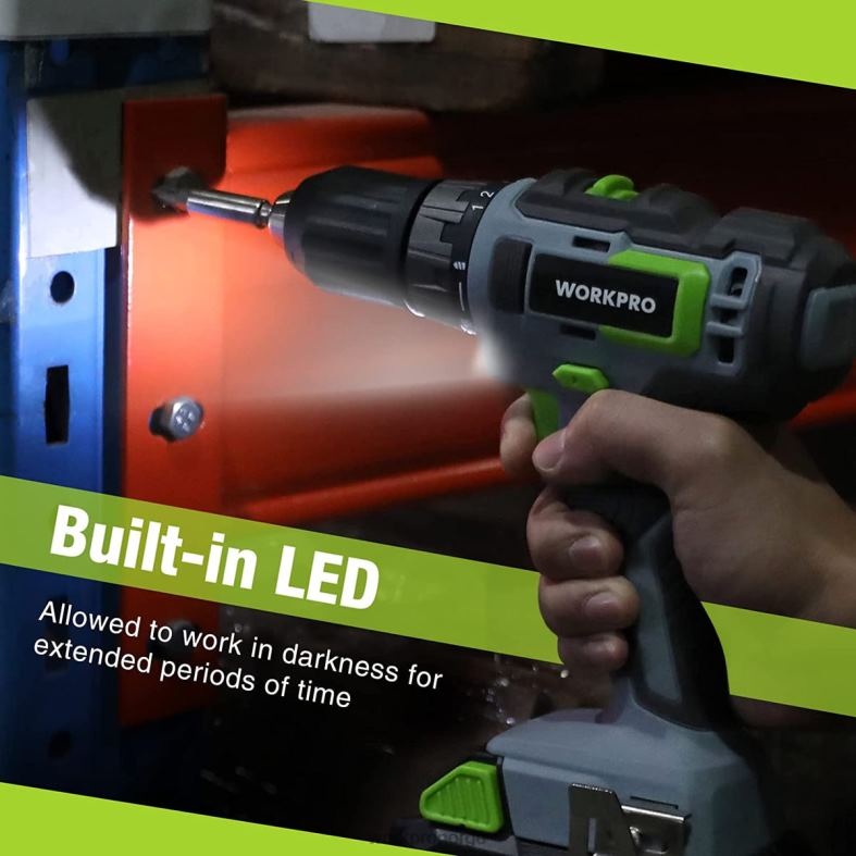 WORKPRO 20v batteridrevet boremaskinsett, 2,0 ah li-ion-batteri, 1 times hurtiglader og 11-tommers oppbevaringspose inkludert grønn verktøy 622PZ176