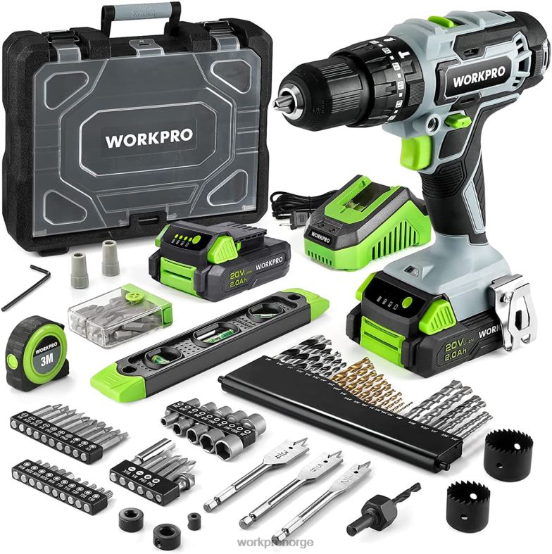 WORKPRO 20v maks trådløs boremaskinsett, elektrisk slagboreverktøy med 102 deler tilbehør, 2 x 2,0ah li-ion-batterier med hurtiglader nyttig verktøy 622PZ170
