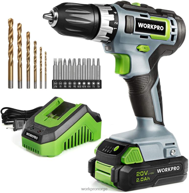WORKPRO 20v variabel hastighet trådløs drill/driversett, 18+2 momentinnstilling 2,0 ah li-ion batteri og 1 times hurtiglader morden verktøy 622PZ172
