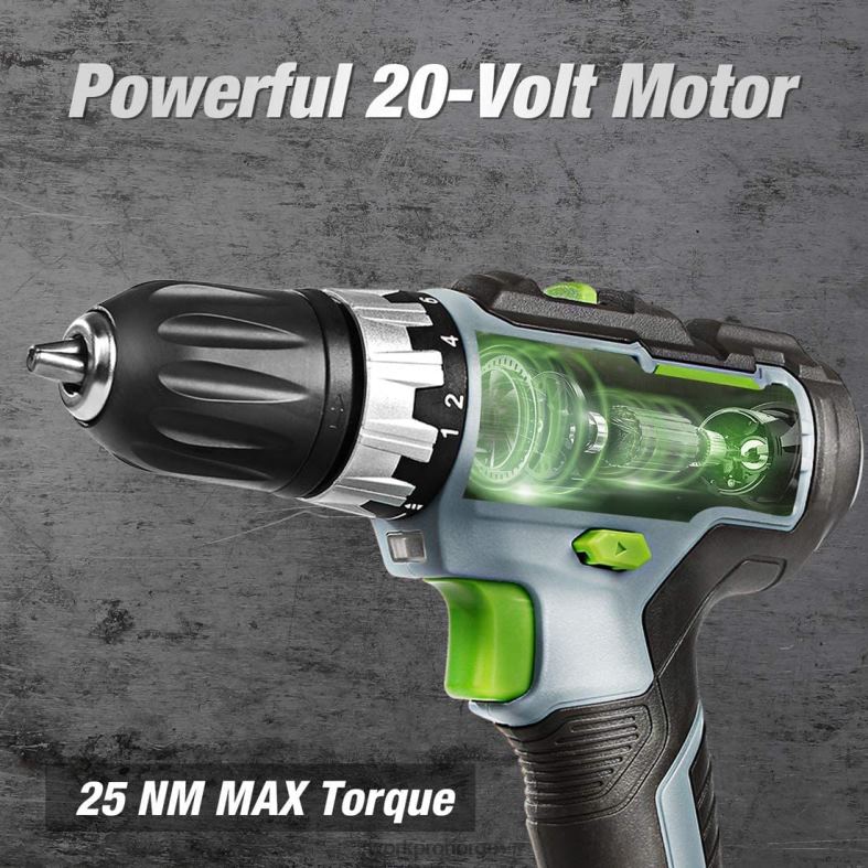WORKPRO 20v variabel hastighet trådløs drill/driversett, 18+2 momentinnstilling 2,0 ah li-ion batteri og 1 times hurtiglader morden verktøy 622PZ172
