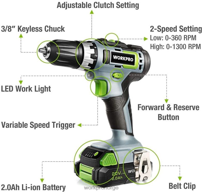 WORKPRO 20v variabel hastighet trådløs drill/driversett, 18+2 momentinnstilling 2,0 ah li-ion batteri og 1 times hurtiglader morden verktøy 622PZ172
