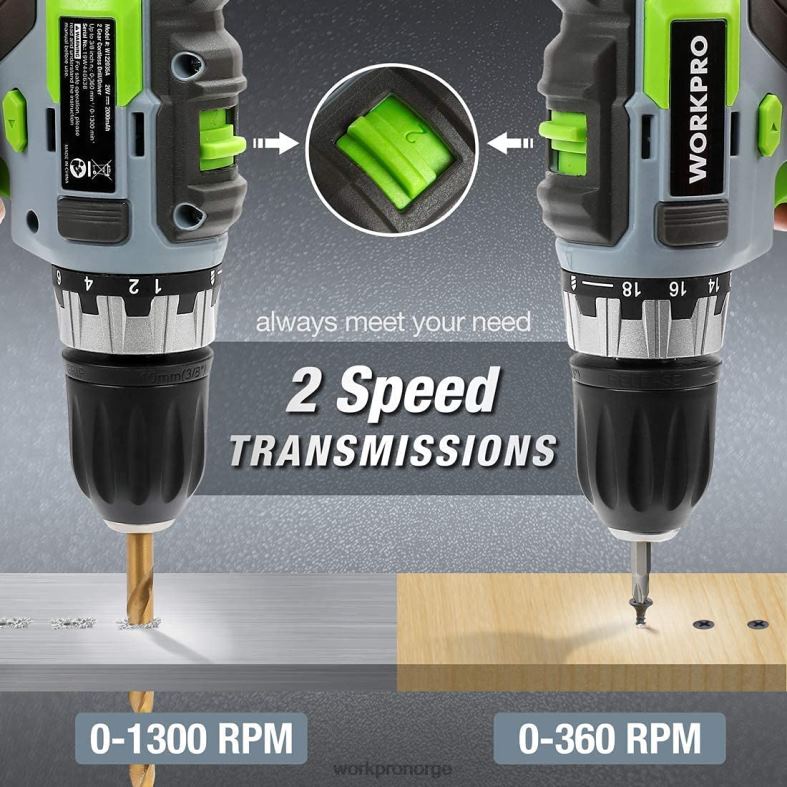 WORKPRO 20v variabel hastighet trådløs drill/driversett, 18+2 momentinnstilling 2,0 ah li-ion batteri og 1 times hurtiglader morden verktøy 622PZ172
