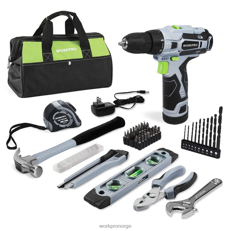 WORKPRO 61 stk 12V batteridrevet drill og hjemmeverktøysett, 14-tommers oppbevaringspose inkludert grå verktøy 622PZ174