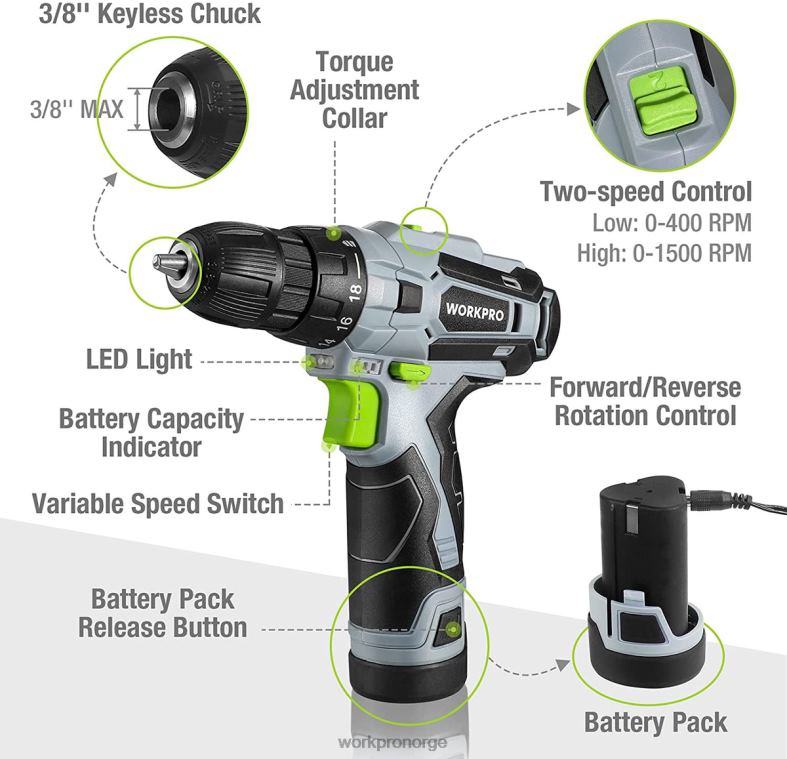 WORKPRO 61 stk 12V batteridrevet drill og hjemmeverktøysett, 14-tommers oppbevaringspose inkludert grå verktøy 622PZ174
