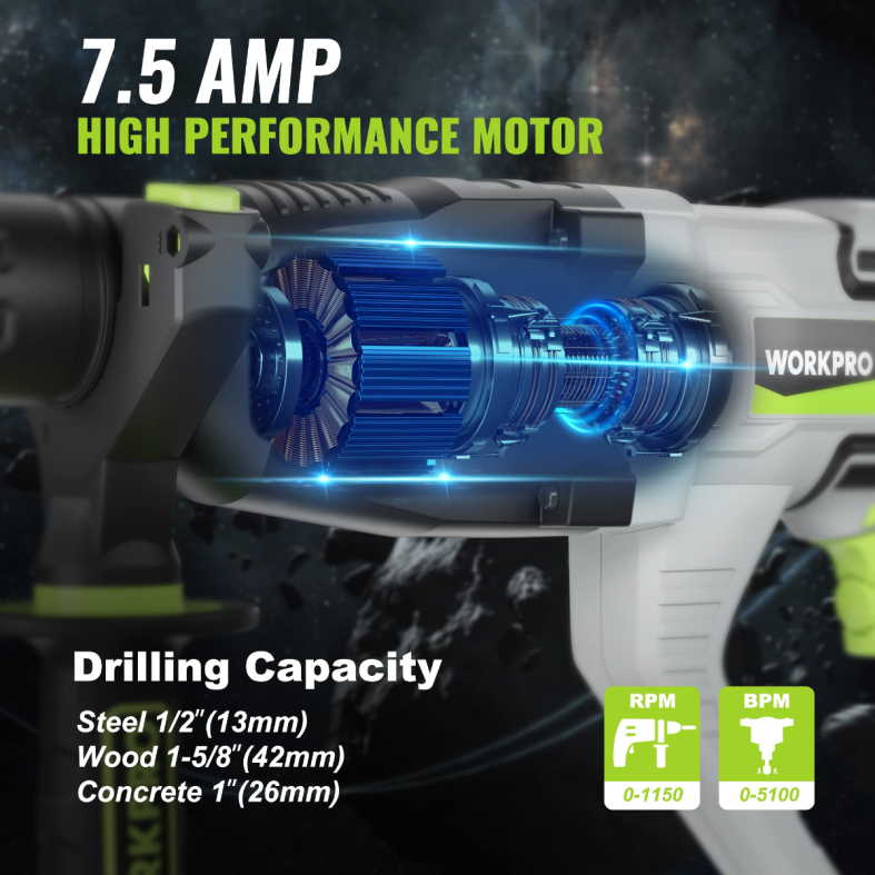 WORKPRO 7,5 amp 1-1/4 tommer premium sds-plus borhammer, lett versjon med ledning nyttig verktøy 622PZ178