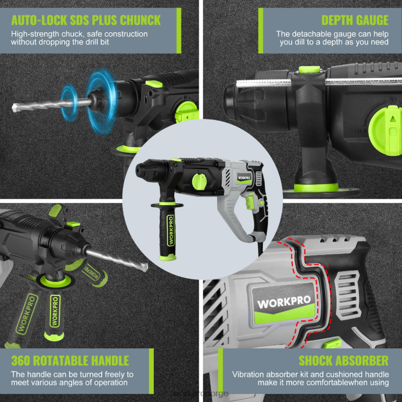 WORKPRO 7,5 amp 1-1/4 tommer premium sds-plus borhammer, lett versjon med ledning nyttig verktøy 622PZ178