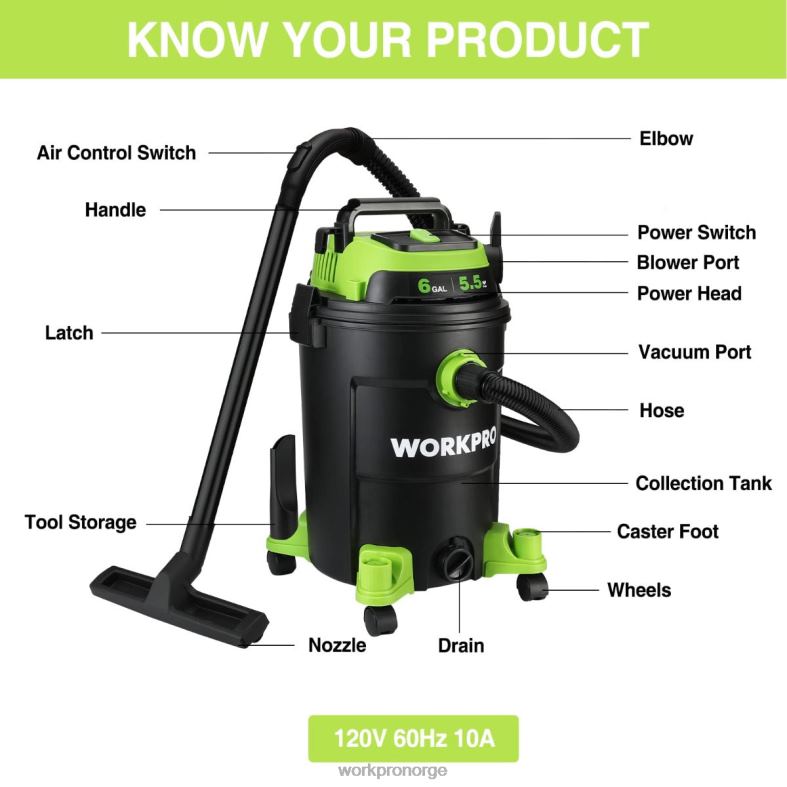 WORKPRO 6 gallon butikkstøvsuger 5,5 peak hestekrefter butikkstøvsuger med hepa-filterslange og tilbehør hjelpsom verktøy 622PZ215