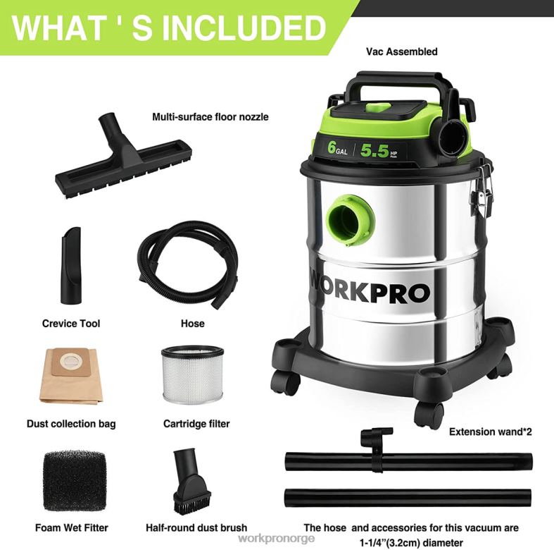 WORKPRO 6 gallon våt/tørr butikkstøvsuger med hepa-filter, slange og tilbehør for oppsamling av støv i hjemmet/jobben morden verktøy 622PZ213