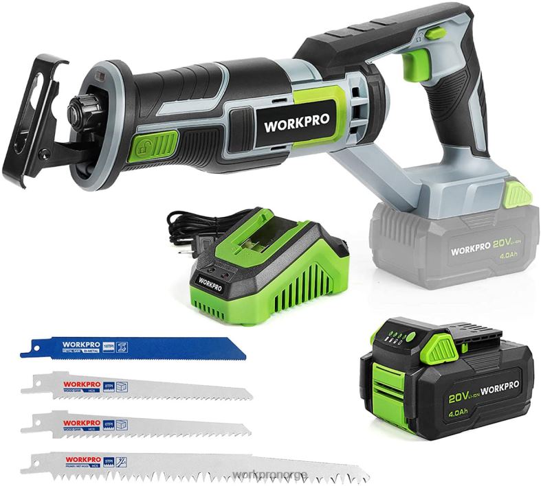 WORKPRO batteridrevet stempelsag, 4 sagblad for tre- og metallkapping inkludert ny verktøy 622PZ184