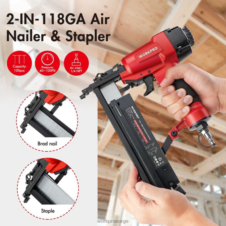 WORKPRO pneumatisk 2 i 1 brad spikerpistol med 400 stk spiker / 300 stk stifter morden verktøy 622PZ181